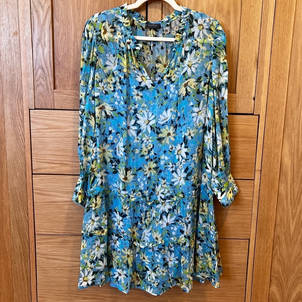 Vineyard Vines Silk Crinkle Long Sleeve Dress Blue Daisy Floral Small Preppy